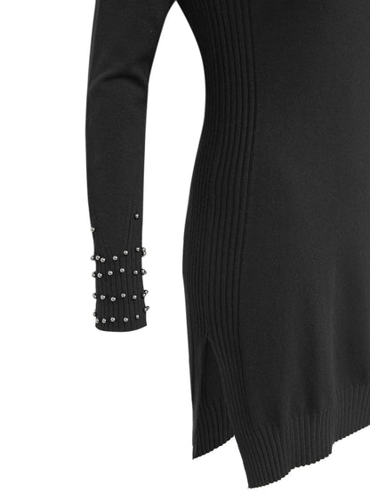 Anna Smith Turtle neck beaded cuffs side split bodycon dress