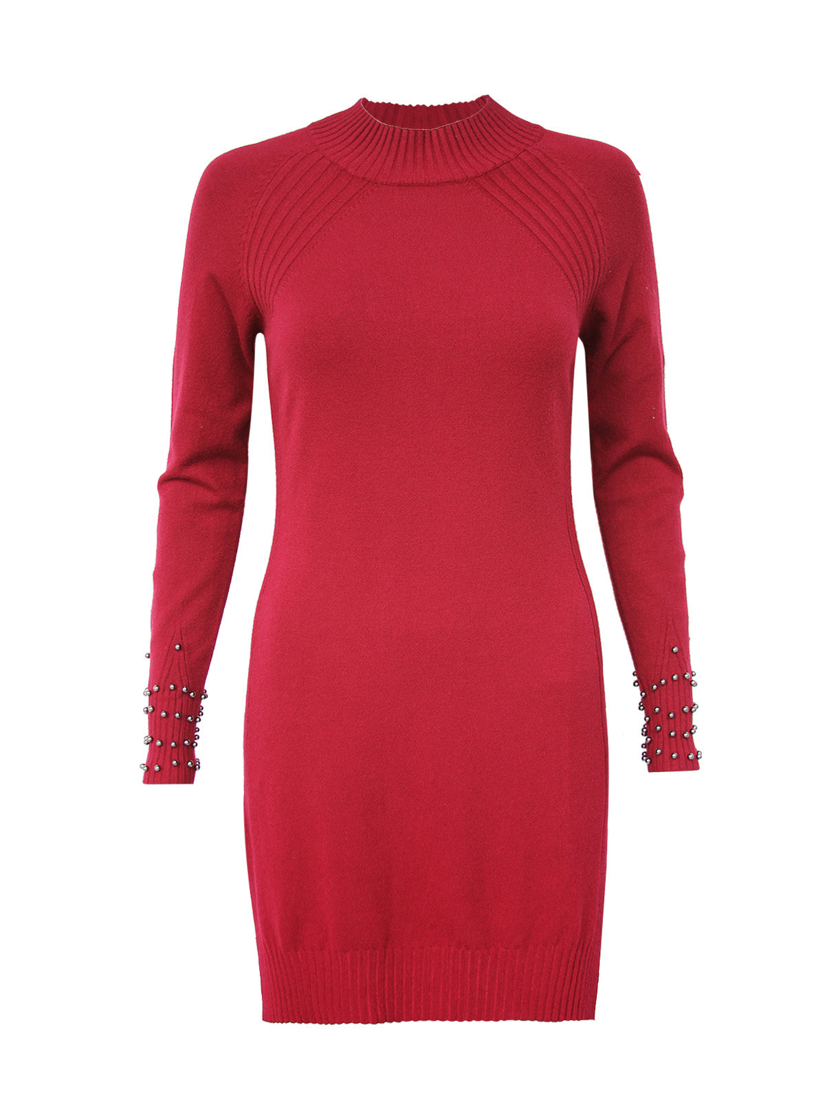 Anna Smith Turtle neck beaded cuffs side split fitted knit dress