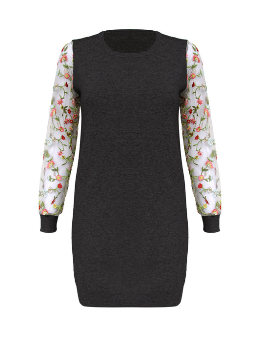 Anna Smith Ladies embroidered mesh sleeves round neck knitted bodycon dress